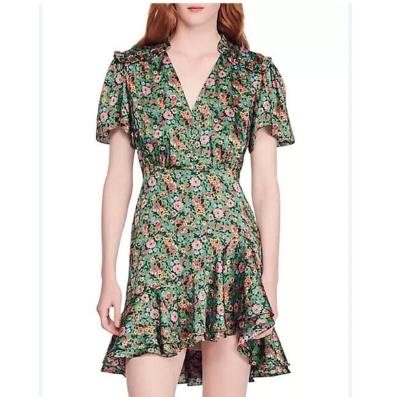 SANDRO Ruffled floral-print twill Floral Green mini Dress NEW - Picture 5 of 12